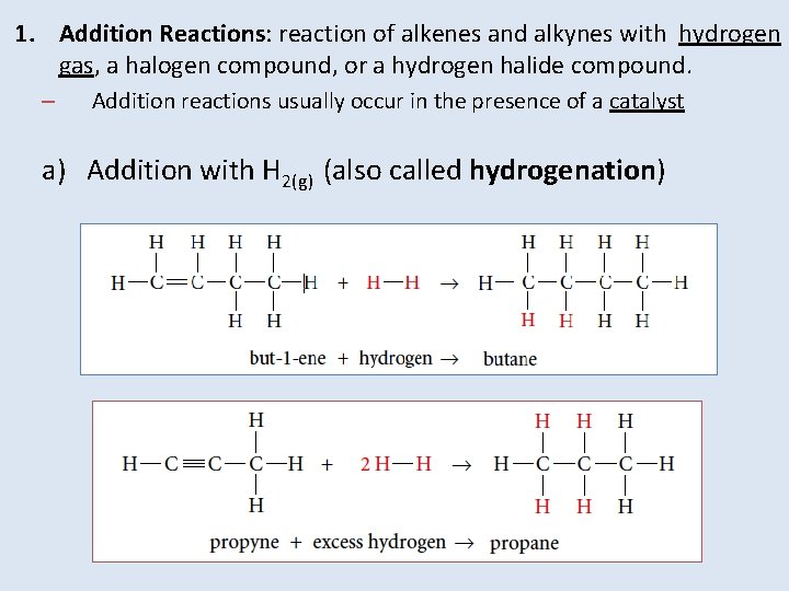 1. Addition Reactions: reaction of alkenes and alkynes with hydrogen gas, a halogen compound,