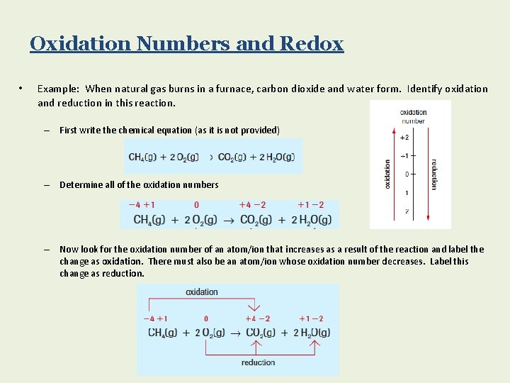 Oxidation Numbers and Redox • Example: When natural gas burns in a furnace, carbon