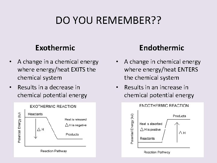 DO YOU REMEMBER? ? Exothermic • A change in a chemical energy where energy/heat