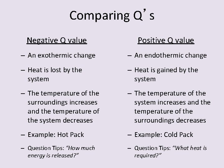 Comparing Q’s Negative Q value Positive Q value – An exothermic change – An