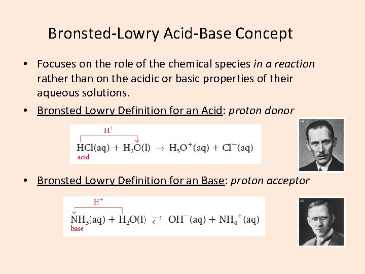 Bronsted-Lowry Acid-Base Concept • Focuses on the role of the chemical species in a