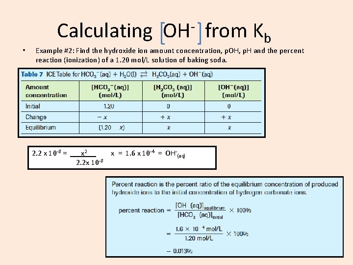Calculating • OH from Kb Example #2: Find the hydroxide ion amount concentration, p.