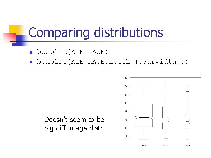 Comparing distributions n n boxplot(AGE~RACE) boxplot(AGE~RACE, notch=T, varwidth=T) Doesn’t seem to be big diff