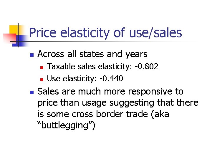 Price elasticity of use/sales n Across all states and years n n n Taxable