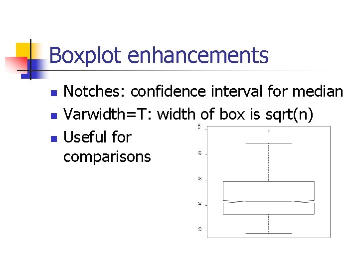 Boxplot enhancements n n n Notches: confidence interval for median Varwidth=T: width of box