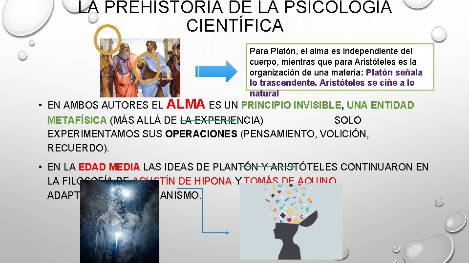 LA PREHISTORIA DE LA PSICOLOGÍA CIENTÍFICA Para Platón, el alma es independiente del cuerpo,