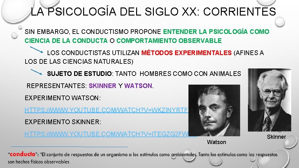 LA PSICOLOGÍA DEL SIGLO XX: CORRIENTES SIN EMBARGO, EL CONDUCTISMO PROPONE ENTENDER LA PSICOLOGÍA