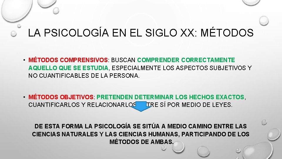 LA PSICOLOGÍA EN EL SIGLO XX: MÉTODOS • MÉTODOS COMPRENSIVOS: BUSCAN COMPRENDER CORRECTAMENTE AQUELLO