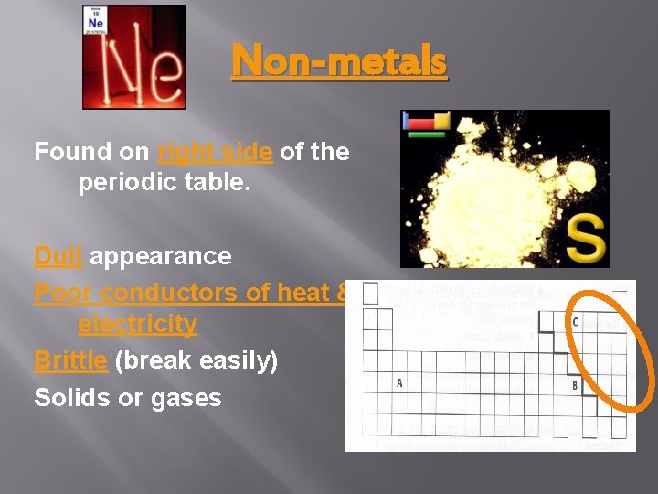 Non-metals Found on right side of the periodic table. Dull appearance Poor conductors of