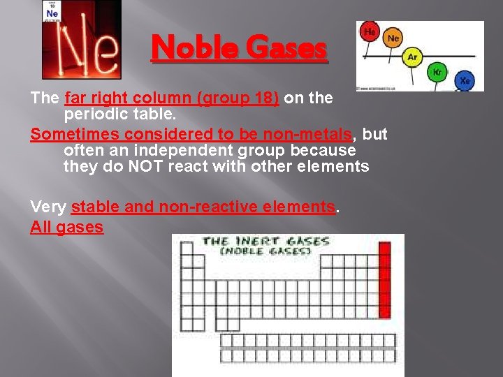 Noble Gases The far right column (group 18) on the periodic table. Sometimes considered