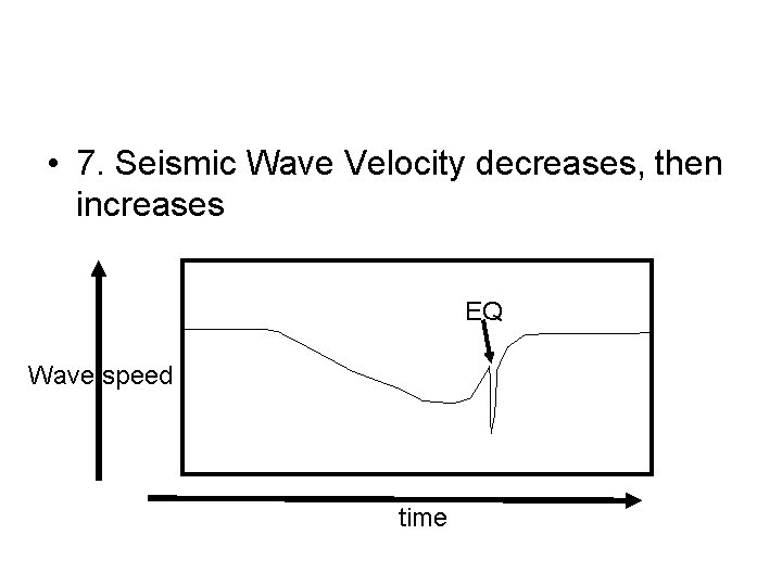  • 7. Seismic Wave Velocity decreases, then increases EQ Wave speed time 