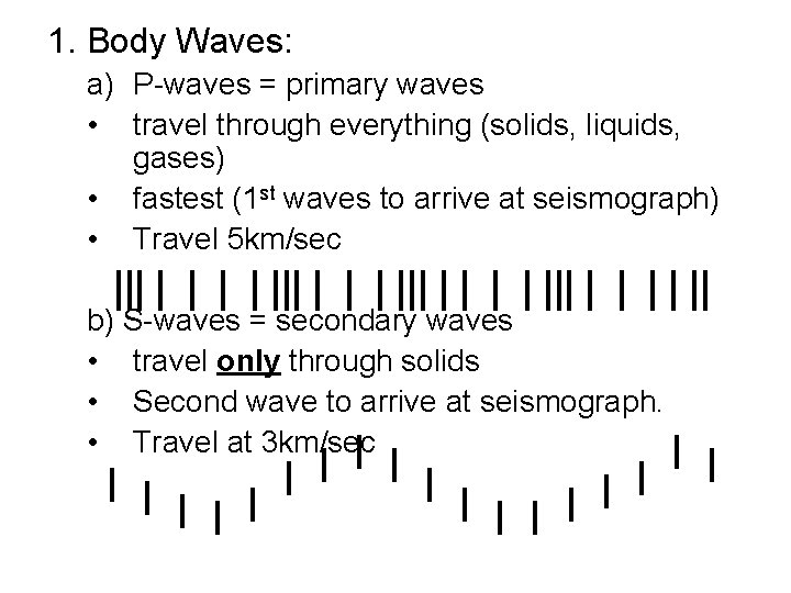 1. Body Waves: a) P-waves = primary waves • travel through everything (solids, liquids,