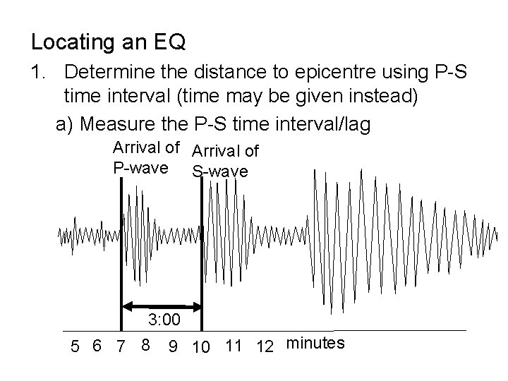 Locating an EQ 1. Determine the distance to epicentre using P-S time interval (time