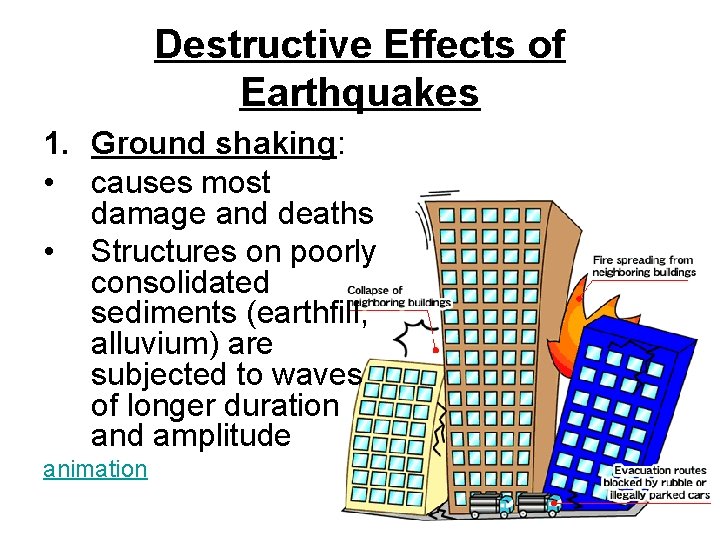 Destructive Effects of Earthquakes 1. Ground shaking: • causes most damage and deaths •