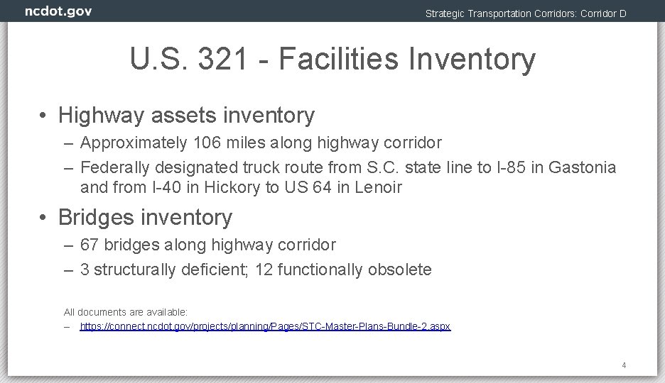 Strategic Transportation Corridors: Corridor D U. S. 321 - Facilities Inventory • Highway assets