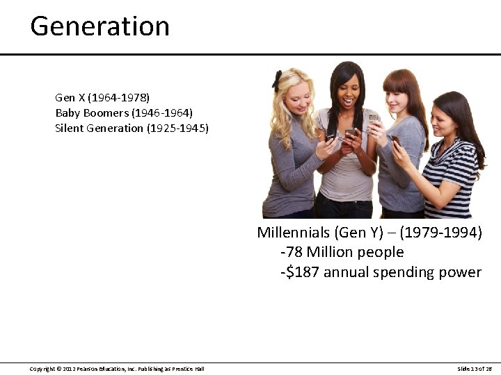 Generation Gen X (1964 -1978) Baby Boomers (1946 -1964) Silent Generation (1925 -1945) Millennials