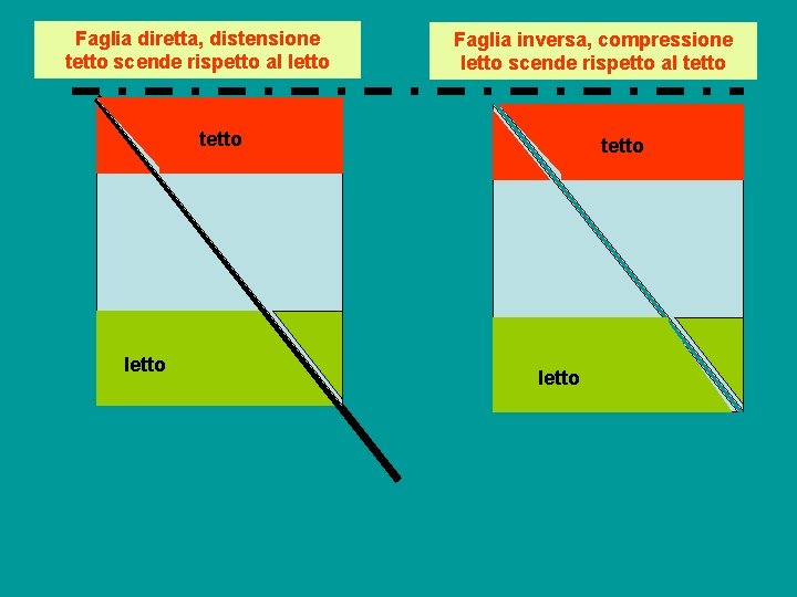 Faglia diretta, distensione tetto scende rispetto al letto Faglia inversa, compressione letto scende rispetto