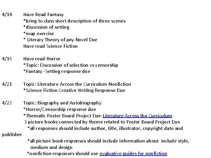 4/14 Have Read Fantasy *bring to class short description of three scenes *discussion of