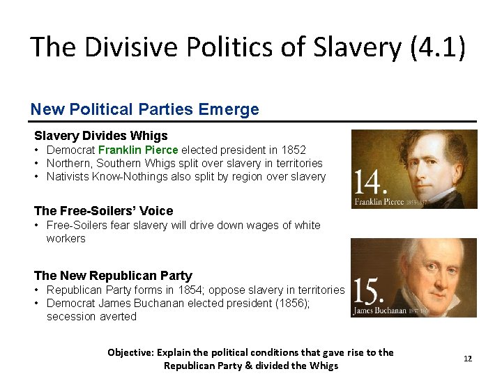 The Divisive Politics of Slavery (4. 1) New Political Parties Emerge Slavery Divides Whigs