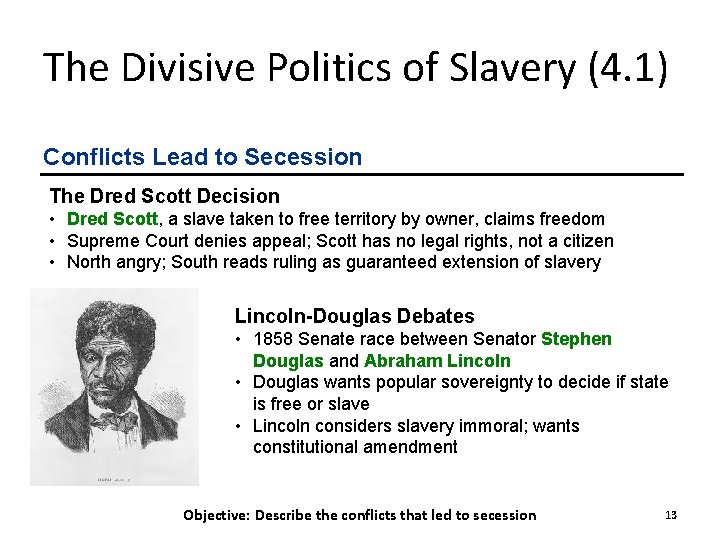 The Divisive Politics of Slavery (4. 1) Conflicts Lead to Secession The Dred Scott