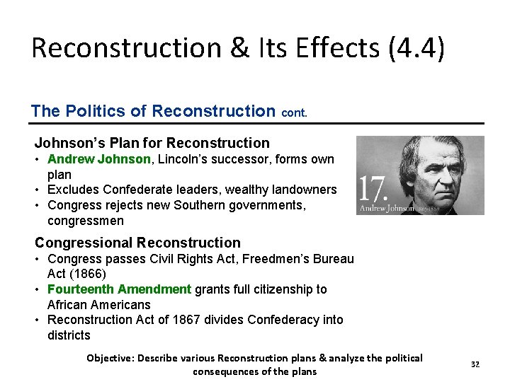 Reconstruction & Its Effects (4. 4) The Politics of Reconstruction cont. Johnson’s Plan for