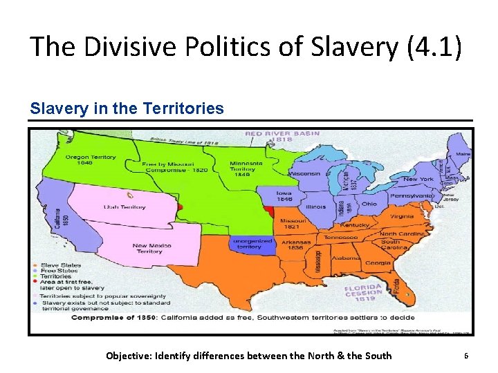 The Divisive Politics of Slavery (4. 1) Slavery in the Territories Objective: Identify differences