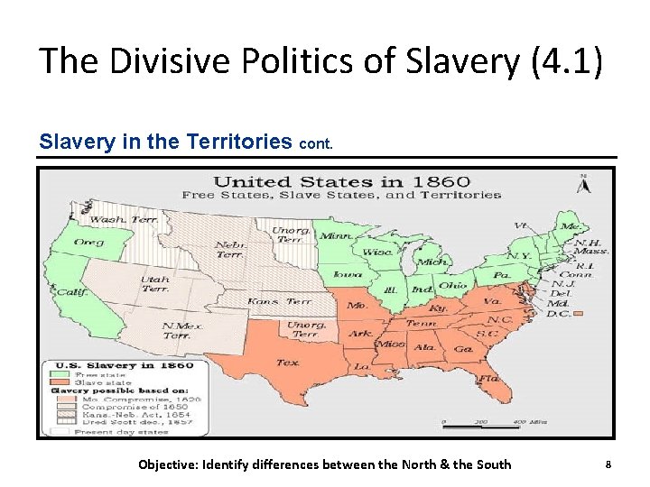 The Divisive Politics of Slavery (4. 1) Slavery in the Territories cont. Objective: Identify