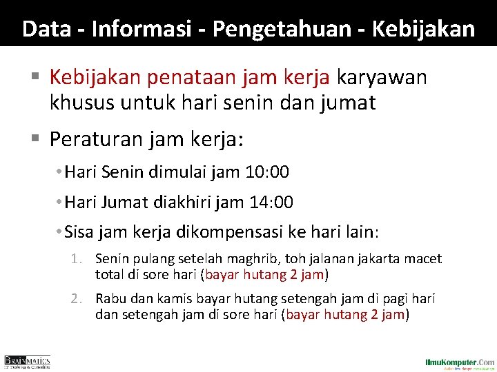 Data - Informasi - Pengetahuan - Kebijakan § Kebijakan penataan jam kerja karyawan khusus