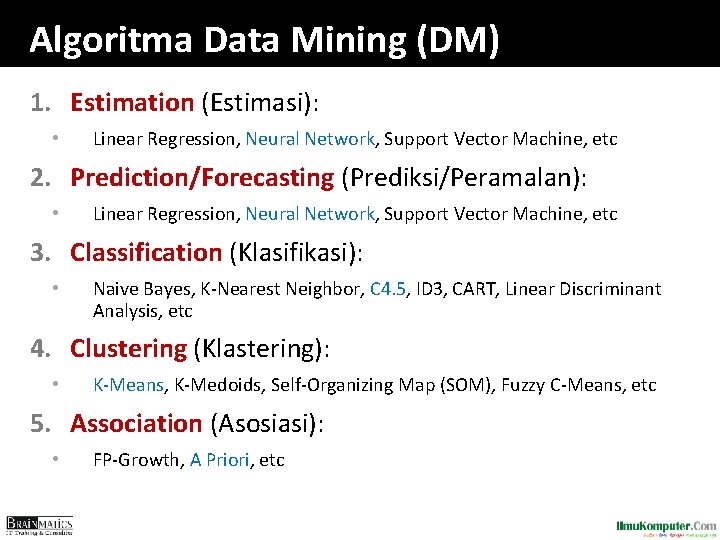 Algoritma Data Mining (DM) 1. Estimation (Estimasi): • Linear Regression, Neural Network, Support Vector