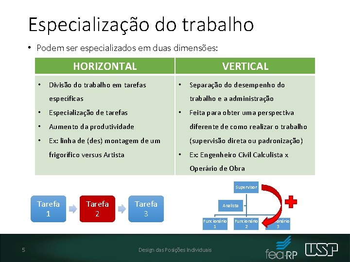Especialização do trabalho • Podem ser especializados em duas dimensões: HORIZONTAL • VERTICAL Divisão
