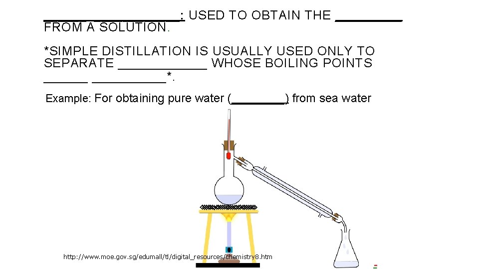 ______: USED TO OBTAIN THE _____ FROM A SOLUTION. *SIMPLE DISTILLATION IS USUALLY USED