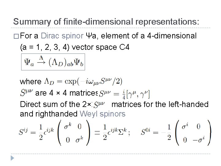 Summary of finite-dimensional representations: � For a Dirac spinor Ψa, element of a 4