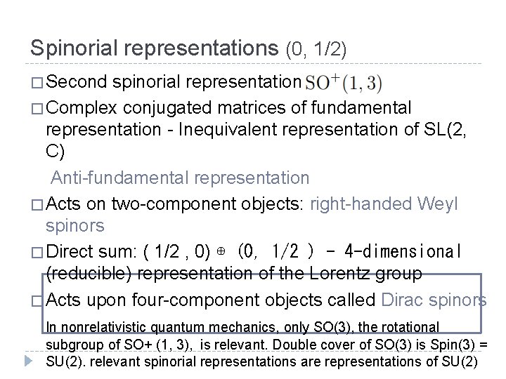 Spinorial representations (0, 1/2) � Second spinorial representation of � Complex conjugated matrices of