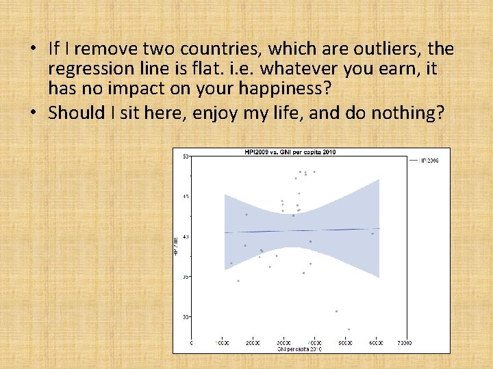  • If I remove two countries, which are outliers, the regression line is