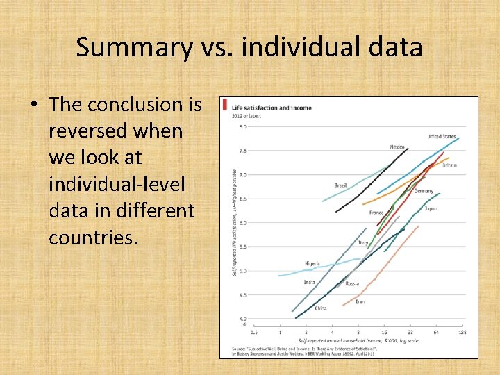 Summary vs. individual data • The conclusion is reversed when we look at individual-level