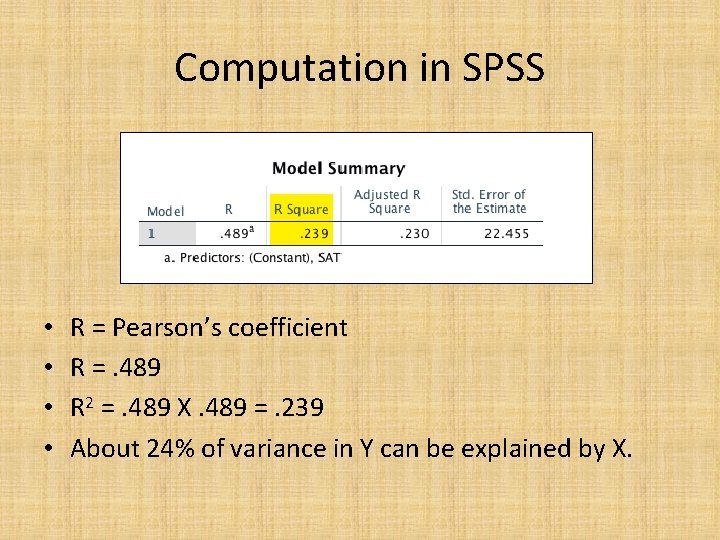 Computation in SPSS • • R = Pearson’s coefficient R =. 489 R 2