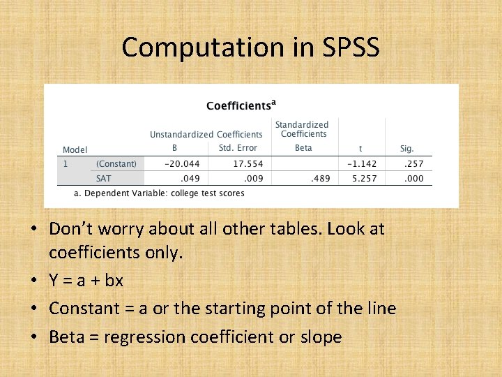 Computation in SPSS • Don’t worry about all other tables. Look at coefficients only.