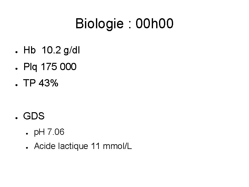 Biologie : 00 h 00 ● Hb 10. 2 g/dl ● Plq 175 000