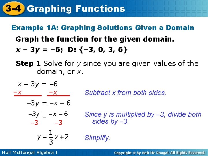 3 -4 Graphing Functions Example 1 A: Graphing Solutions Given a Domain Graph the