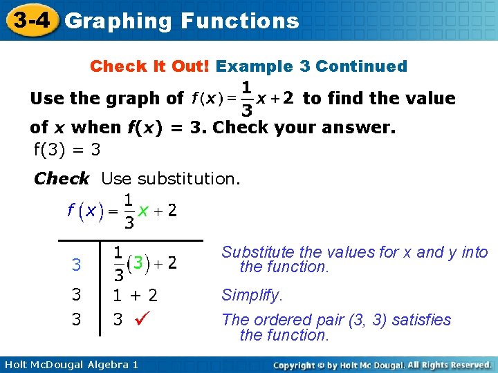 3 -4 Graphing Functions Check It Out! Example 3 Continued Use the graph of