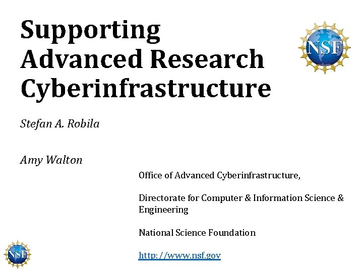 Supporting Advanced Research Cyberinfrastructure Stefan A. Robila Amy Walton Office of Advanced Cyberinfrastructure, Directorate