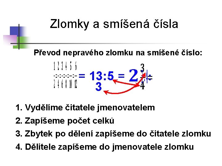 Zlomky a smíšená čísla Převod nepravého zlomku na smíšené číslo: = 13: 5 =