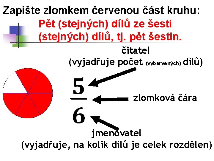 Zapište zlomkem červenou část kruhu: Pět (stejných) dílů ze šesti (stejných) dílů, tj. pět