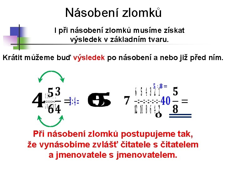 Násobení zlomků I při násobení zlomků musíme získat výsledek v základním tvaru. Krátit můžeme