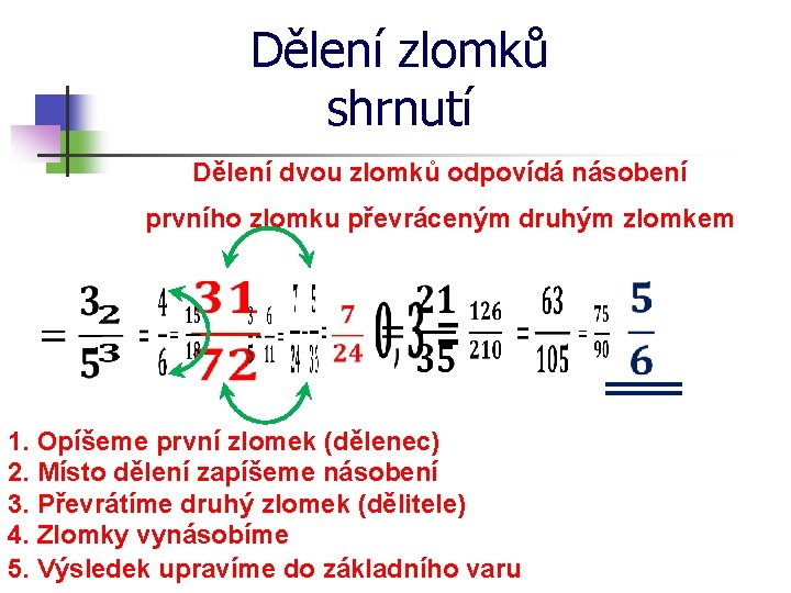 Dělení zlomků shrnutí Dělení dvou zlomků odpovídá násobení prvního zlomku převráceným druhým zlomkem 1.