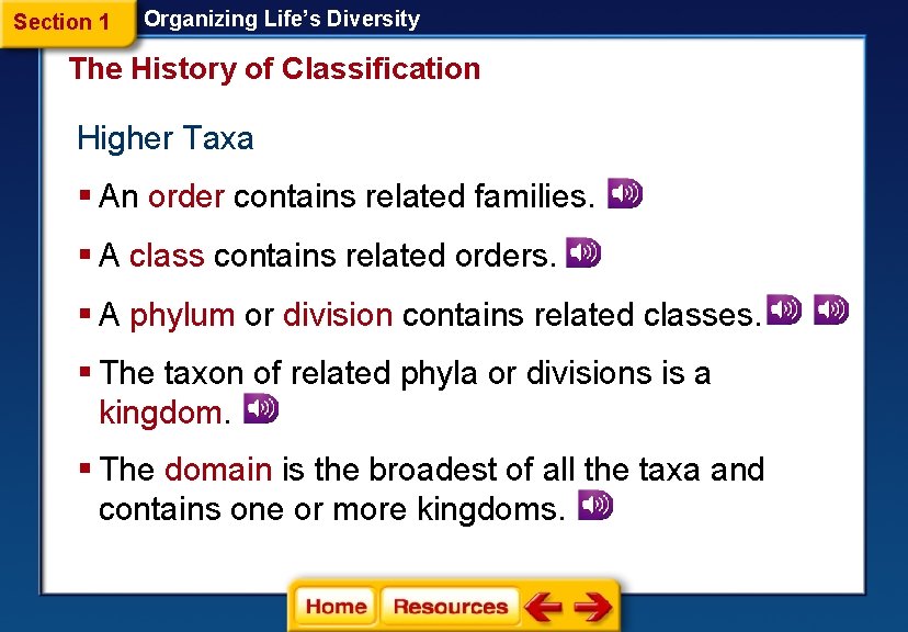 Section 1 Organizing Life’s Diversity The History of Classification Higher Taxa § An order