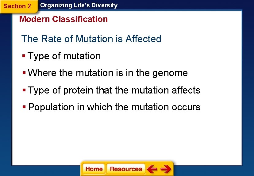 Section 2 Organizing Life’s Diversity Modern Classification The Rate of Mutation is Affected §