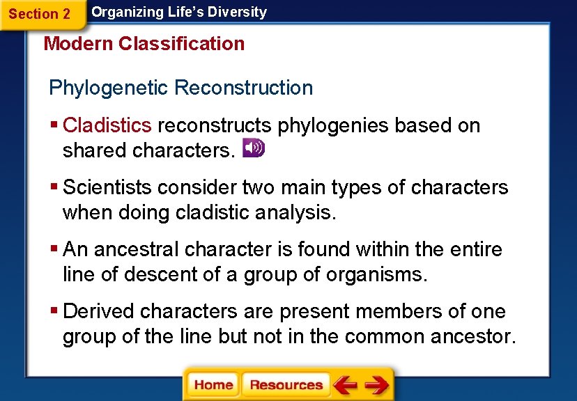 Section 2 Organizing Life’s Diversity Modern Classification Phylogenetic Reconstruction § Cladistics reconstructs phylogenies based