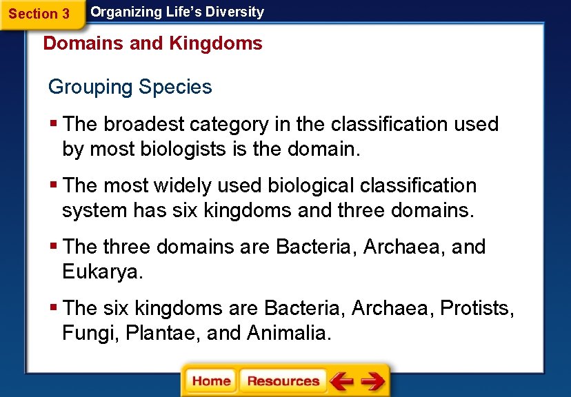 Section 3 Organizing Life’s Diversity Domains and Kingdoms Grouping Species § The broadest category