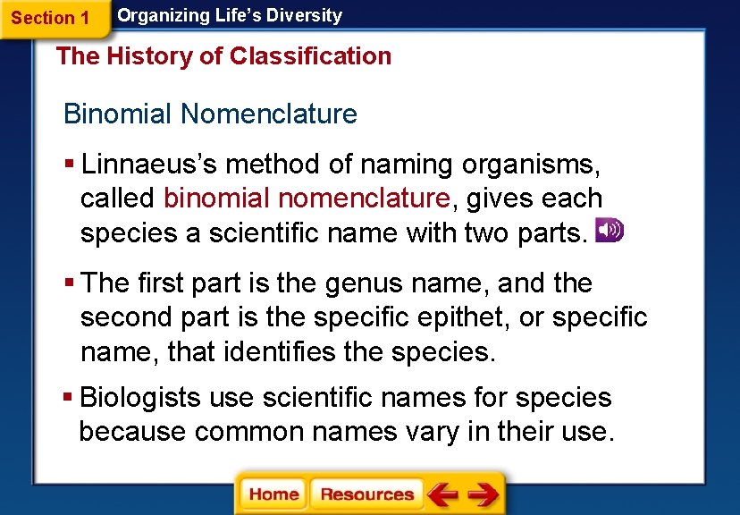 Section 1 Organizing Life’s Diversity The History of Classification Binomial Nomenclature § Linnaeus’s method